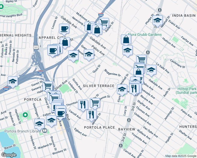 map of restaurants, bars, coffee shops, grocery stores, and more near 80 Maddux Avenue in San Francisco