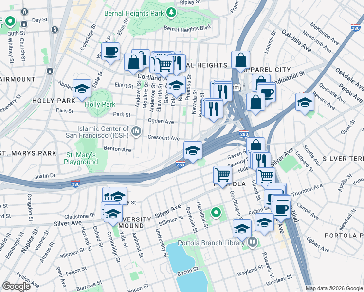 map of restaurants, bars, coffee shops, grocery stores, and more near 316 Alemany Boulevard in San Francisco