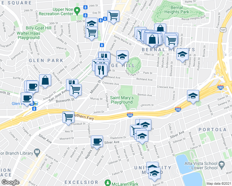 map of restaurants, bars, coffee shops, grocery stores, and more near 93 Justin Drive in San Francisco