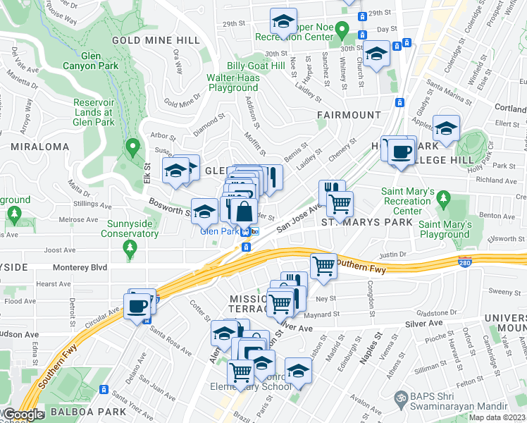 map of restaurants, bars, coffee shops, grocery stores, and more near 35 Wilder Street in San Francisco