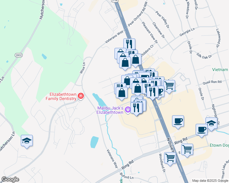map of restaurants, bars, coffee shops, grocery stores, and more near Cs-1393 in Elizabethtown