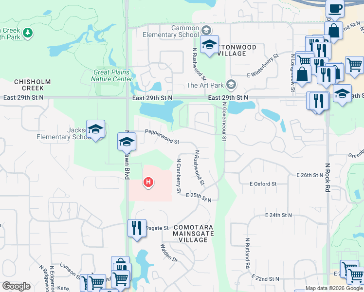 map of restaurants, bars, coffee shops, grocery stores, and more near 6822 East 27th Street North in Wichita