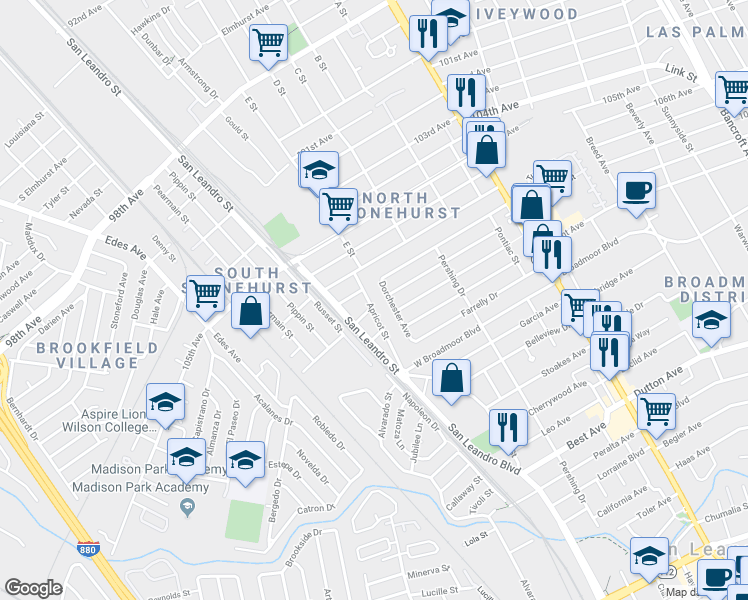 map of restaurants, bars, coffee shops, grocery stores, and more near 79 Dorchester Avenue in San Leandro