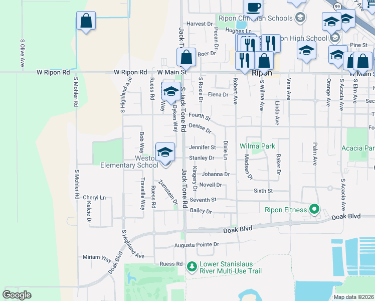 map of restaurants, bars, coffee shops, grocery stores, and more near 1525 Stanley Drive in Ripon