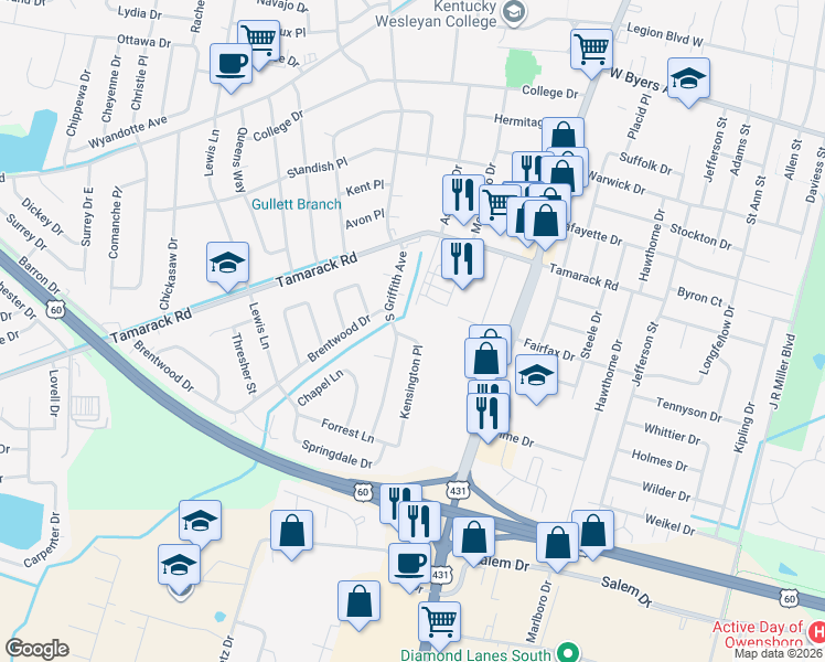 map of restaurants, bars, coffee shops, grocery stores, and more near 3900-3998 Kensington Place in Owensboro