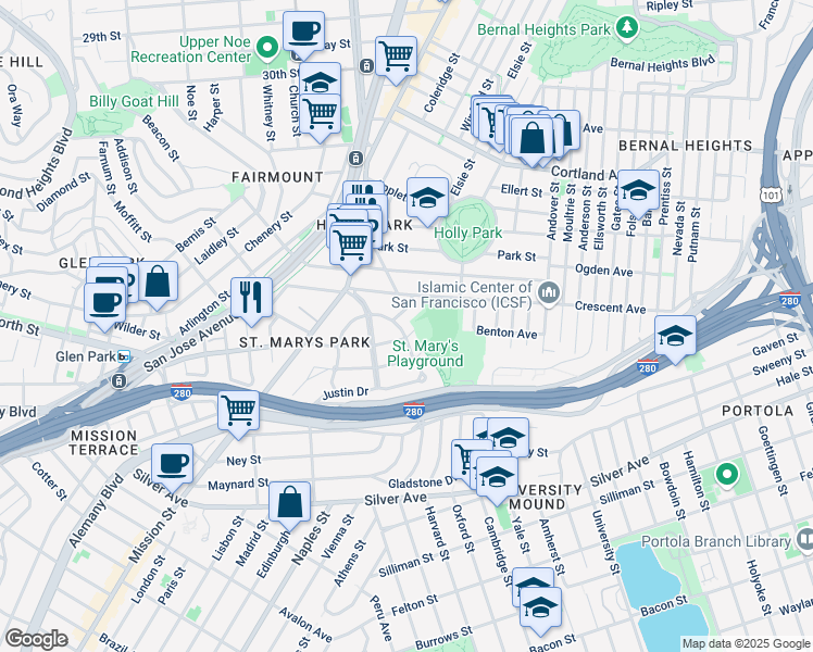 map of restaurants, bars, coffee shops, grocery stores, and more near 93 Justin Drive in San Francisco