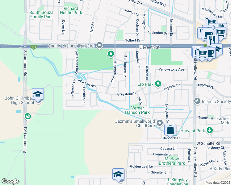 map of restaurants, bars, coffee shops, grocery stores, and more near 2607 Greystone Drive in Tracy
