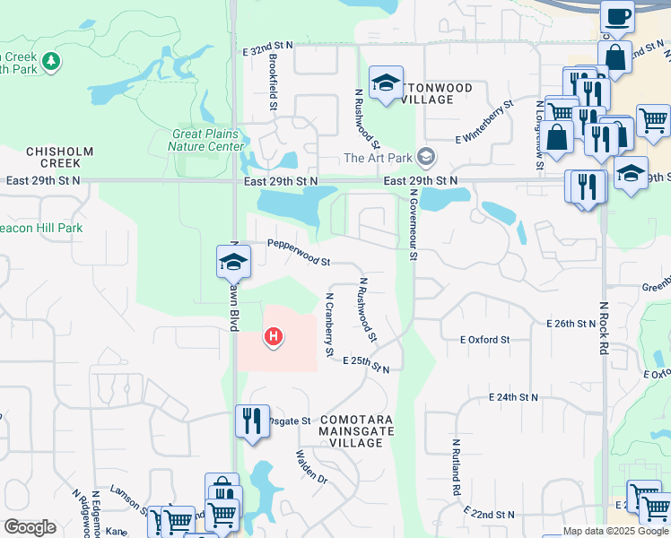 map of restaurants, bars, coffee shops, grocery stores, and more near 6822 East 27th Street North in Wichita