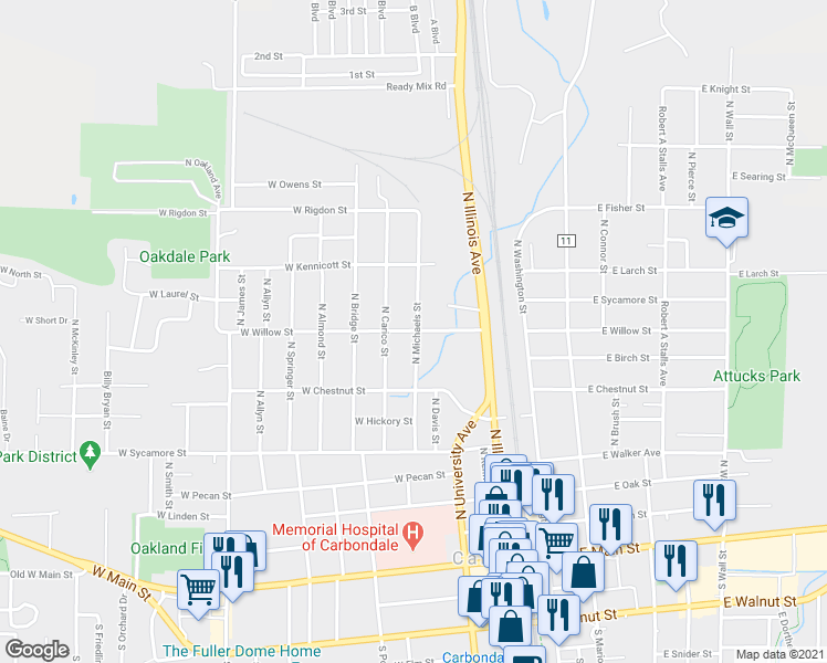 map of restaurants, bars, coffee shops, grocery stores, and more near 301 West Willow Street in Carbondale