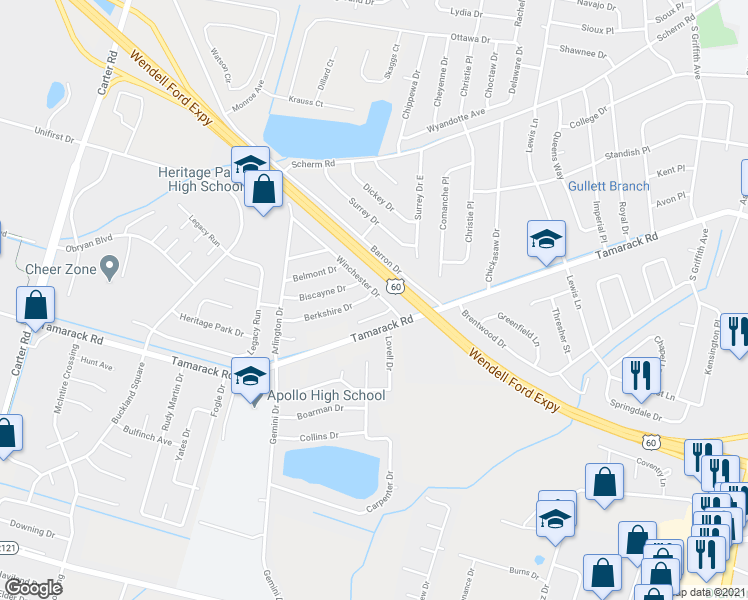 map of restaurants, bars, coffee shops, grocery stores, and more near 3700 Winchester Drive in Owensboro