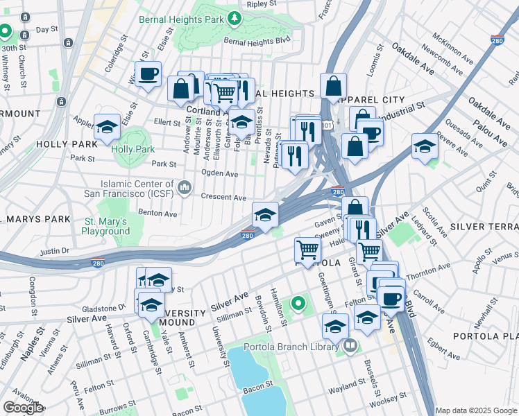 map of restaurants, bars, coffee shops, grocery stores, and more near 316 Alemany Boulevard in San Francisco