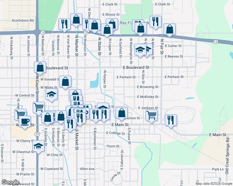 map of restaurants, bars, coffee shops, grocery stores, and more near 501-599 East McKinley Street in Marion