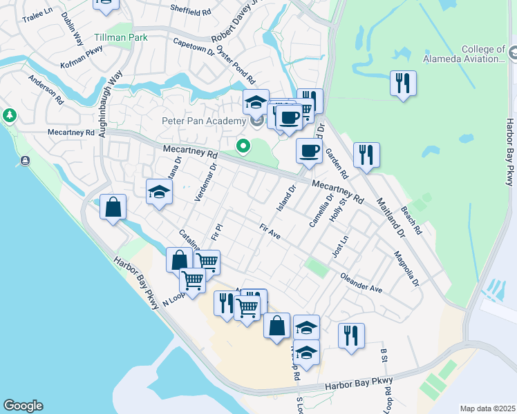map of restaurants, bars, coffee shops, grocery stores, and more near 3203 Wake Lane in Alameda