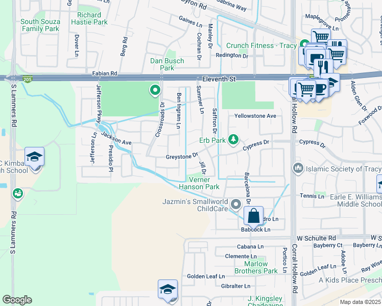 map of restaurants, bars, coffee shops, grocery stores, and more near 2477 Greystone Drive in Tracy