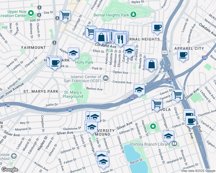 map of restaurants, bars, coffee shops, grocery stores, and more near 830 Moultrie Street in San Francisco
