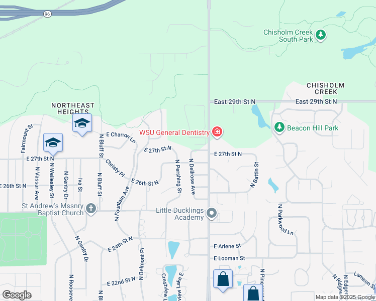 map of restaurants, bars, coffee shops, grocery stores, and more near 2749 Dellrose in Wichita