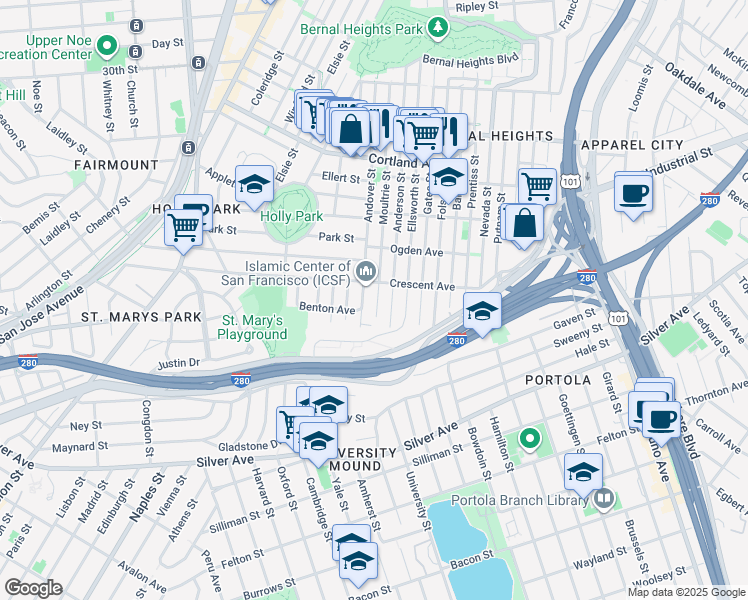map of restaurants, bars, coffee shops, grocery stores, and more near 830 Moultrie Street in San Francisco