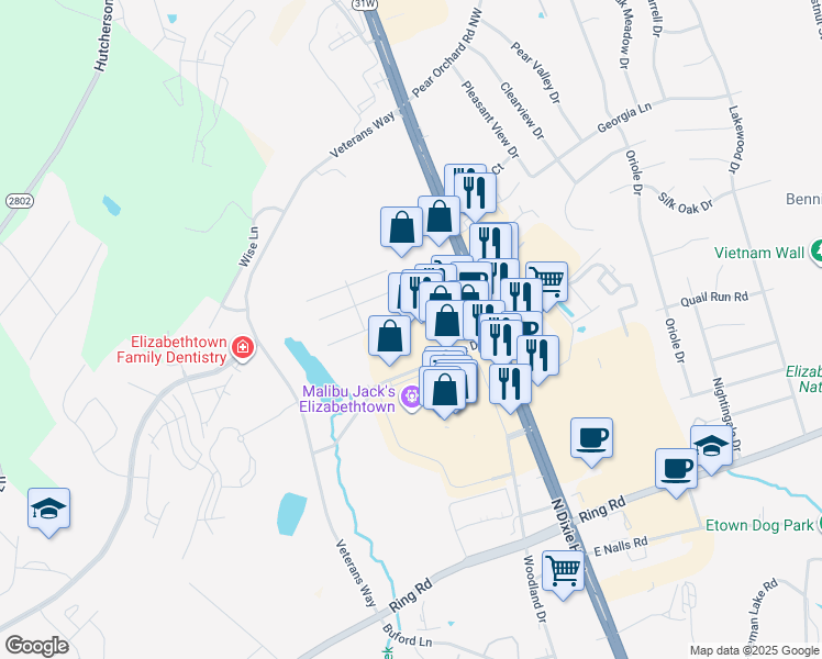 map of restaurants, bars, coffee shops, grocery stores, and more near 157 Towne Drive in Elizabethtown