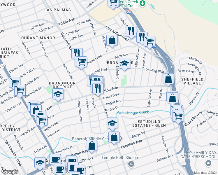 map of restaurants, bars, coffee shops, grocery stores, and more near 728 Dutton Avenue in San Leandro