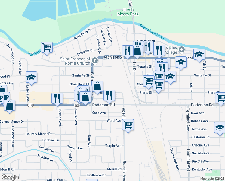 map of restaurants, bars, coffee shops, grocery stores, and more near 2916 Sierra Street in Riverbank