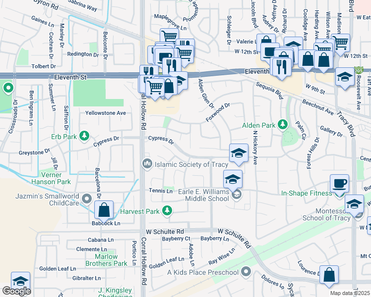 map of restaurants, bars, coffee shops, grocery stores, and more near 400 Silvertail Place in Tracy