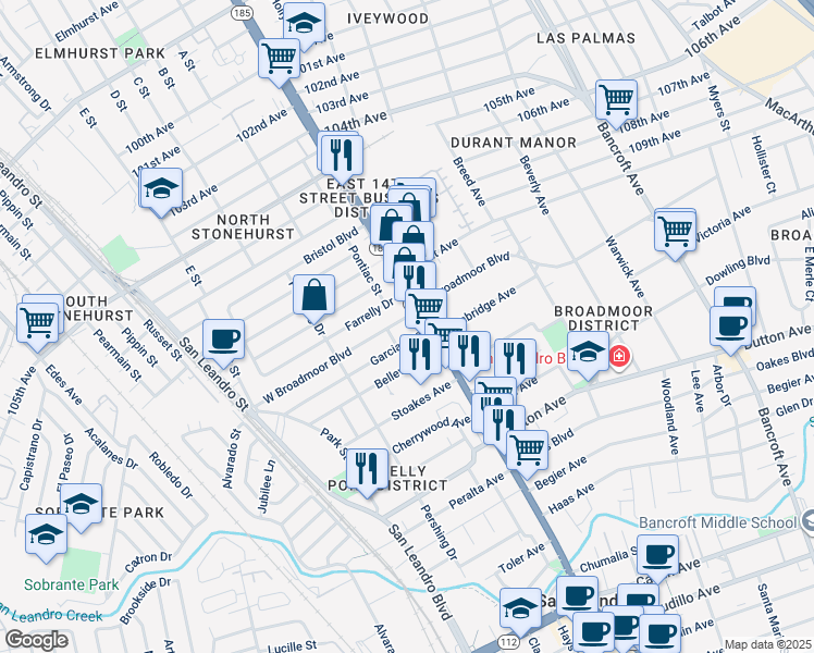 map of restaurants, bars, coffee shops, grocery stores, and more near 220 Lafayette Avenue in San Leandro