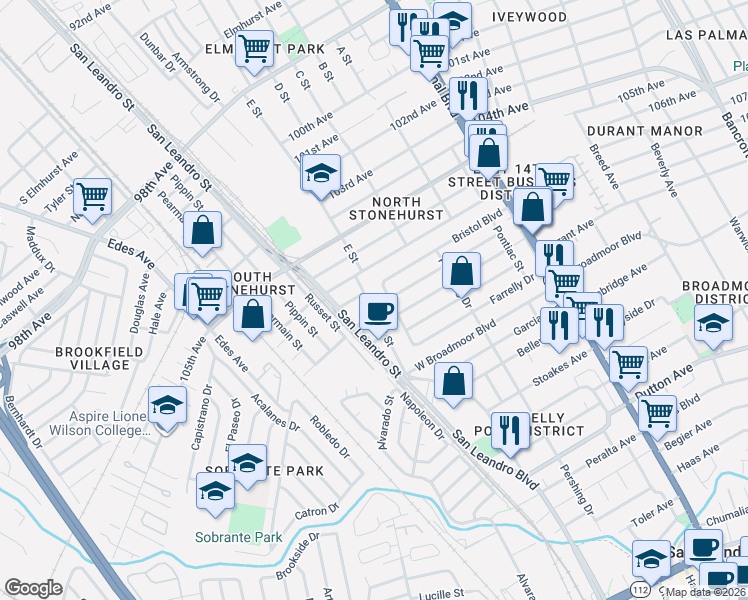 map of restaurants, bars, coffee shops, grocery stores, and more near 934 Blenheim Street in Oakland