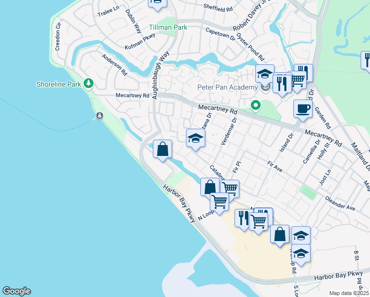 map of restaurants, bars, coffee shops, grocery stores, and more near 1 Lavagetto Court in Alameda
