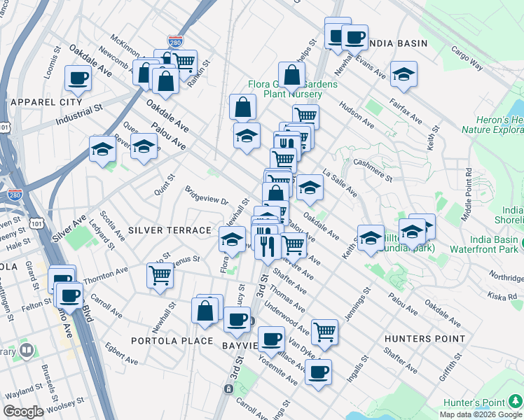 map of restaurants, bars, coffee shops, grocery stores, and more near 1760 Quesada Avenue in San Francisco