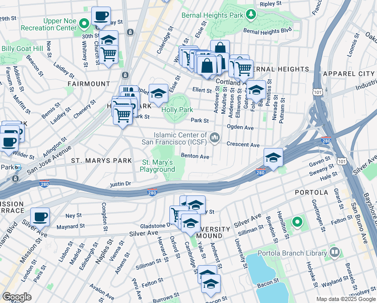map of restaurants, bars, coffee shops, grocery stores, and more near 69 Arnold Avenue in San Francisco