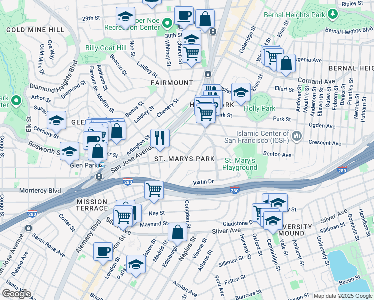 map of restaurants, bars, coffee shops, grocery stores, and more near in San Francisco