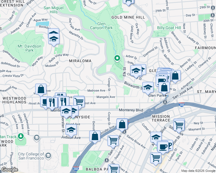 map of restaurants, bars, coffee shops, grocery stores, and more near 566 Congo Street in San Francisco