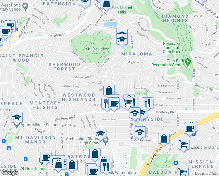 map of restaurants, bars, coffee shops, grocery stores, and more near 480 Melrose Avenue in San Francisco