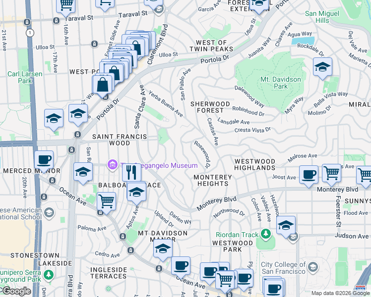 map of restaurants, bars, coffee shops, grocery stores, and more near 36 Fernwood Drive in San Francisco