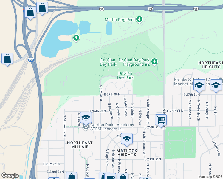 map of restaurants, bars, coffee shops, grocery stores, and more near 2500 East 27th Street North in Wichita
