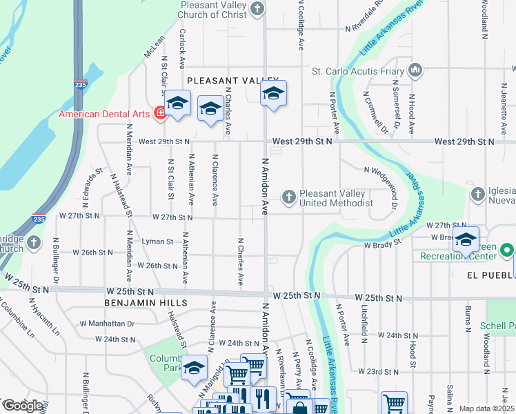 map of restaurants, bars, coffee shops, grocery stores, and more near 2749 North Amidon Avenue in Wichita