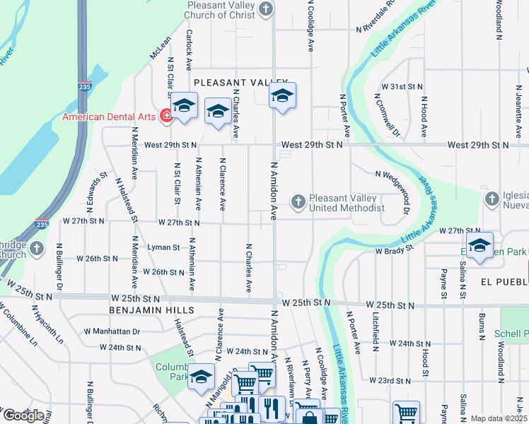 map of restaurants, bars, coffee shops, grocery stores, and more near 2749 North Amidon Avenue in Wichita