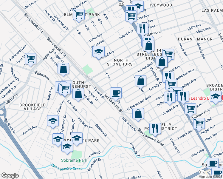 map of restaurants, bars, coffee shops, grocery stores, and more near 950 Blenheim Street in Oakland
