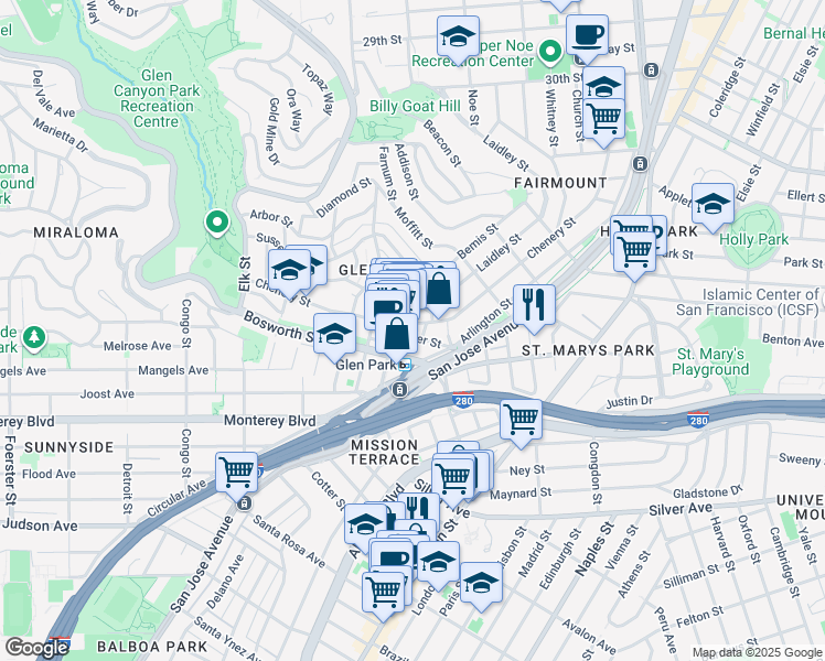map of restaurants, bars, coffee shops, grocery stores, and more near 35 Wilder Street in San Francisco