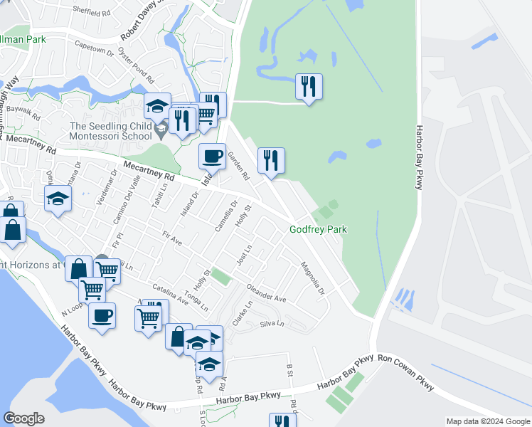 map of restaurants, bars, coffee shops, grocery stores, and more near 3450 Mecartney Road in Alameda