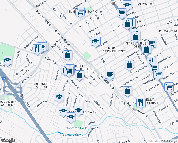 map of restaurants, bars, coffee shops, grocery stores, and more near 10600 Pippin Street in Oakland