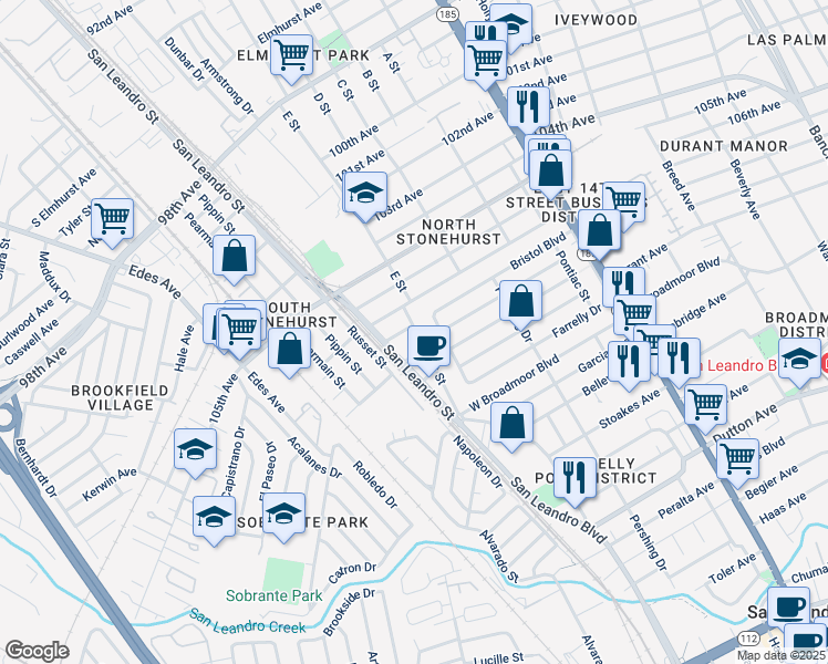 map of restaurants, bars, coffee shops, grocery stores, and more near 950 Blenheim Street in Oakland