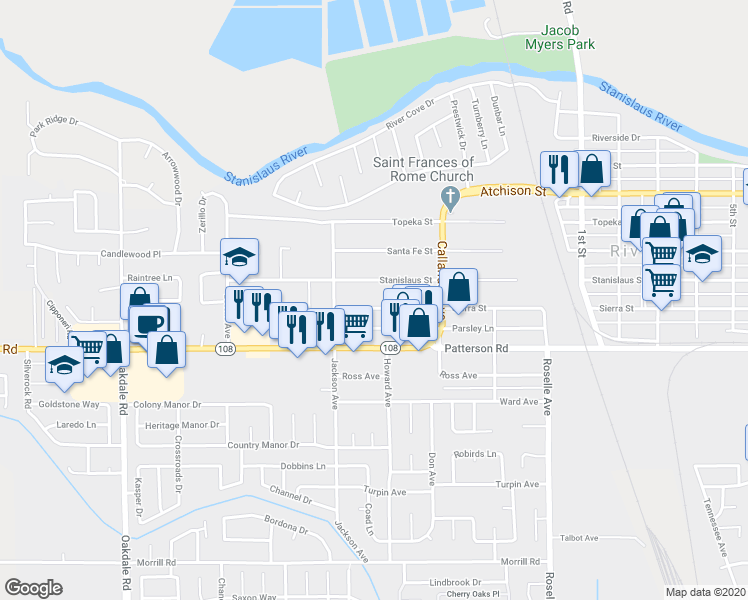 map of restaurants, bars, coffee shops, grocery stores, and more near 2655 1/2 Sierra Street in Riverbank