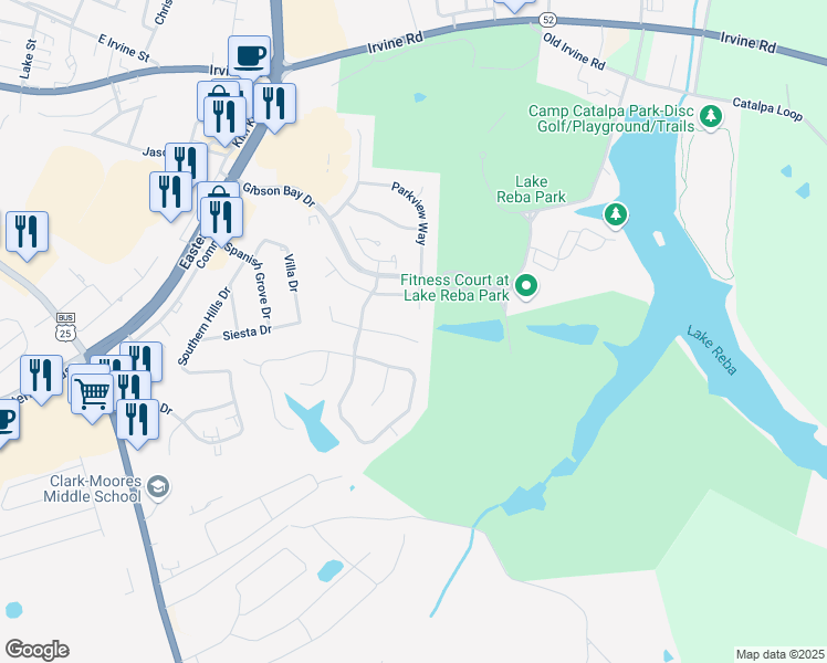 map of restaurants, bars, coffee shops, grocery stores, and more near 500 Park Ridge Drive in Richmond