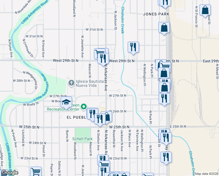 map of restaurants, bars, coffee shops, grocery stores, and more near 649 West North Court in Wichita