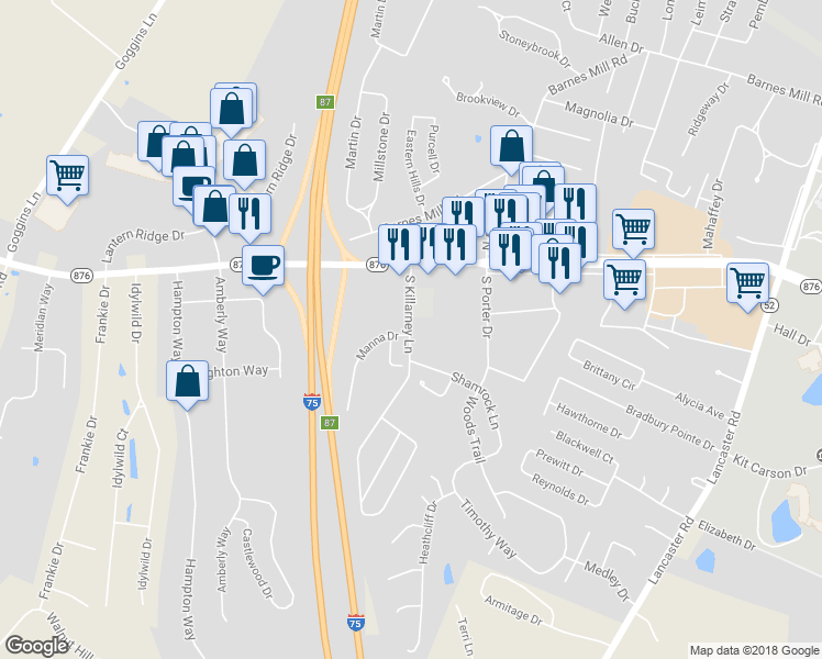 map of restaurants, bars, coffee shops, grocery stores, and more near 141 S Killarney Ln in Richmond