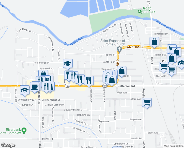 map of restaurants, bars, coffee shops, grocery stores, and more near 6500 Jackson Avenue in Riverbank