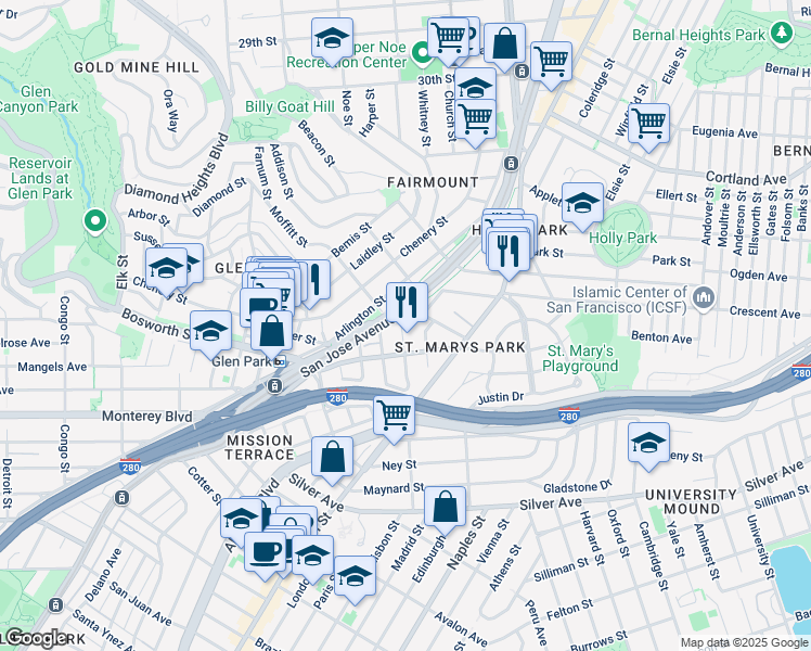 map of restaurants, bars, coffee shops, grocery stores, and more near 71 Cuvier Street in San Francisco
