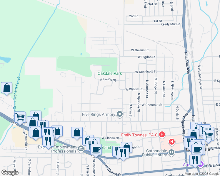 map of restaurants, bars, coffee shops, grocery stores, and more near 1013 West Willow Street in Carbondale