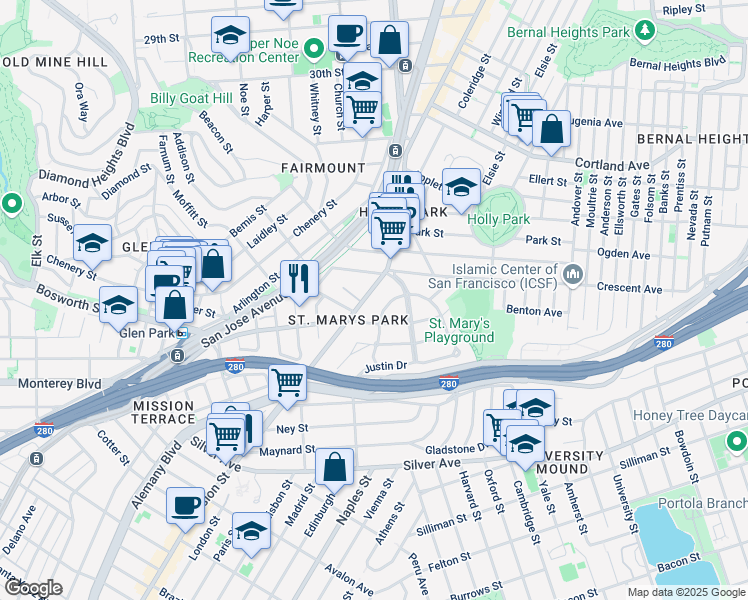 map of restaurants, bars, coffee shops, grocery stores, and more near 3975 Mission Street in San Francisco